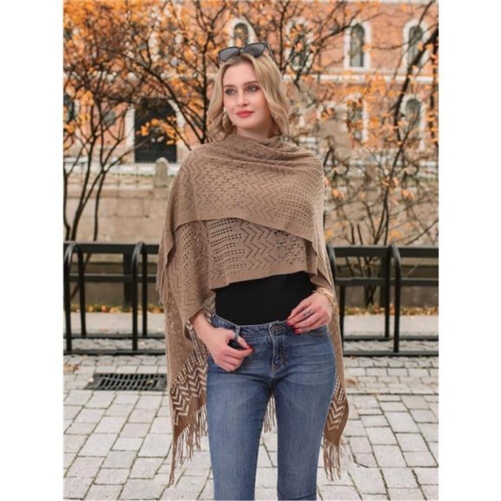 Knit Shawl Wrap - Fringe Poncho Cardigan Cape Brown - Picture 2 of 8